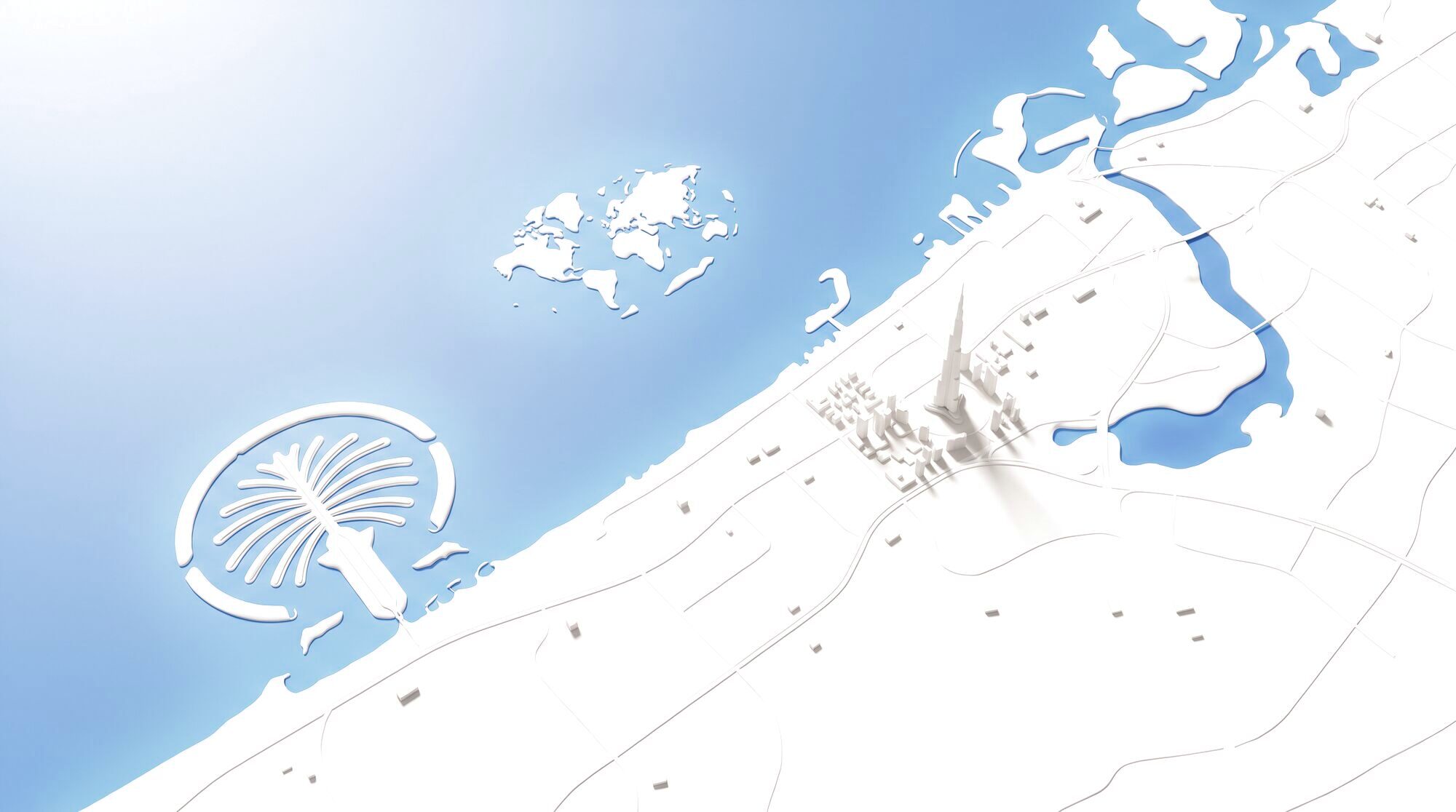 Map of Dubai with Palm Jumeirah, Downtown Dubai and Dubai Creek Harbour